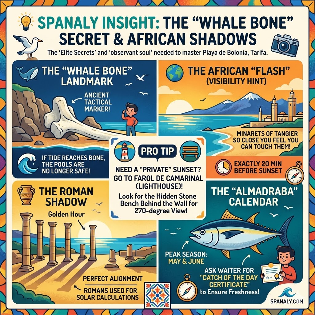A vibrant infographic detailing 'Elite Secrets' of Playa de Bolonia, Tarifa: The 'Whale Bone' tidal marker for natural pools safety, the African 'Flash' visibility hint 20 min before sunset to see Tangier minarets, the optimal Golden Hour time for Baelo Claudia Roman shadows alignment, and the peak 'Almadraba' tuna season with a 'Catch of the Day Certificate' tip.