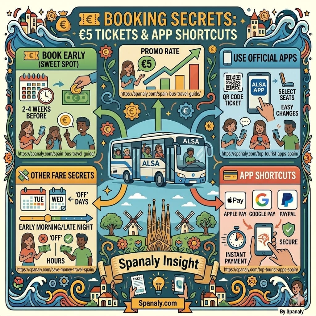 How to find cheap Spain bus tickets guide. Infographic showing booking secrets: 2-4 weeks early bird deals, €5 promo rates, using the official ALSA app for QR tickets, and saving money by traveling on Tuesdays or Wednesdays. Highlights instant payments via Apple Pay and Google Pay.
