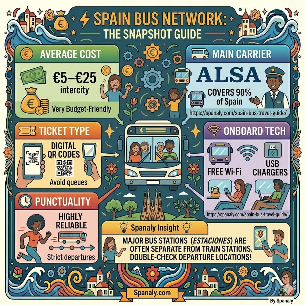 Spanaly snapshot guide for traveling Spain by bus. Infographic features ALSA as the main carrier, average costs of €5–€25, digital QR tickets, onboard Wi-Fi/USB, and high punctuality. Includes a tip about separate bus and train station locations.