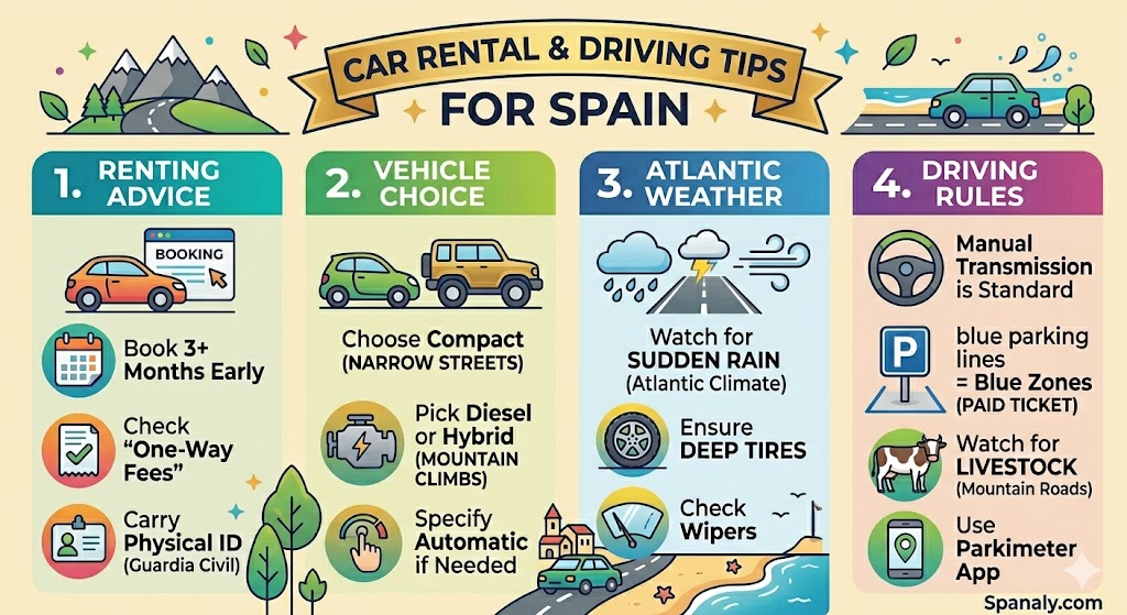 A colorful vector infographic providing essential car rental and driving tips for a Spain road trip, covering vehicle choice, Atlantic weather, and local rules, with the Spanaly.com watermark.