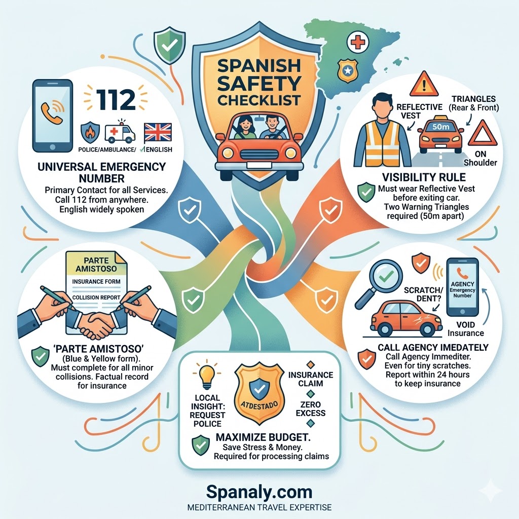 A comprehensive colorful infographic detailing the safety protocols for car rental emergencies in Spain, including calling 112, using the reflective vest and warning triangles, completing the friendly report (Parte Amistoso), and requesting a police report (Atestado).