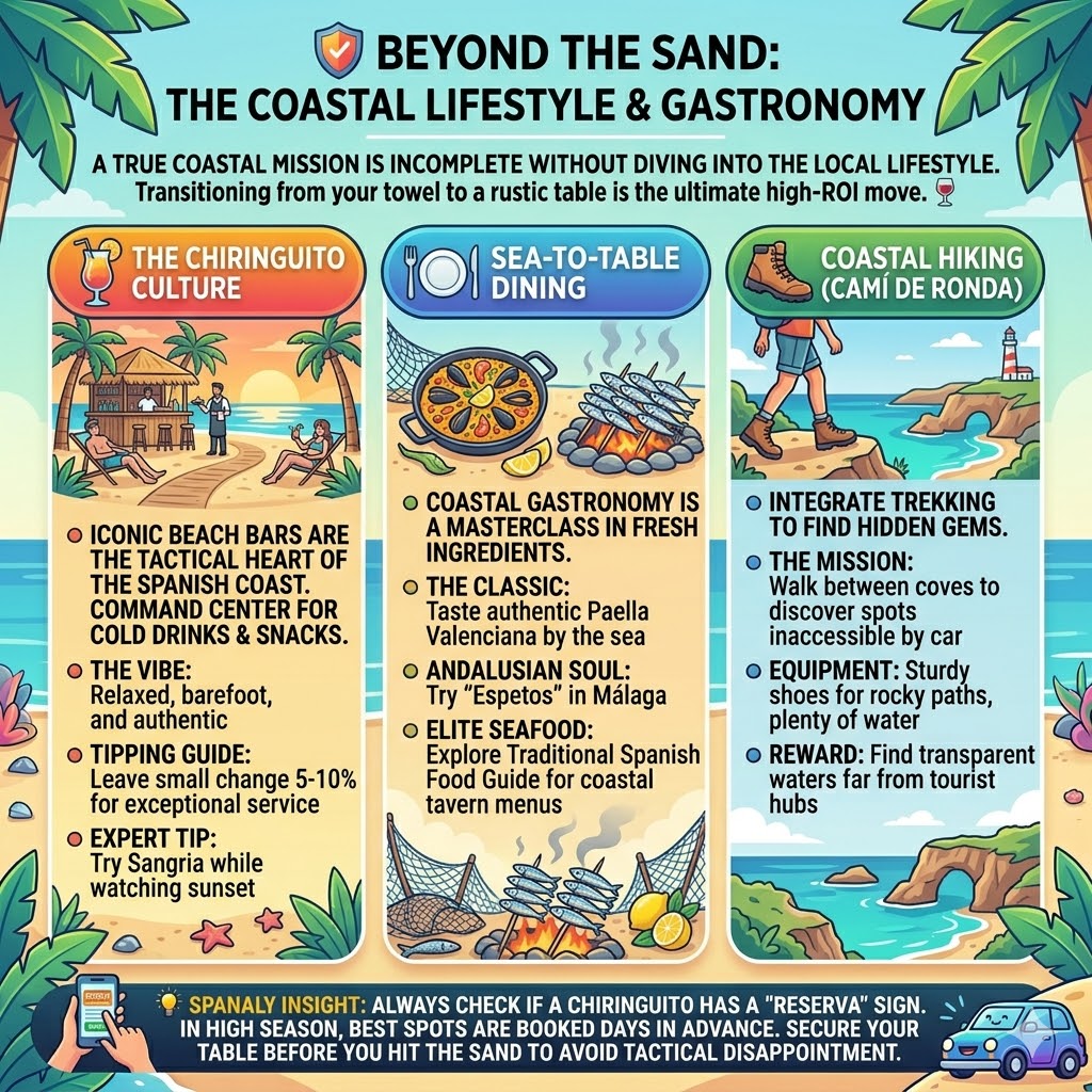 Coastal lifestyle infographic for Spain featuring Chiringuito culture, sea-to-table dining with Paella and Espetos, and coastal hiking on Camí de Ronda.
