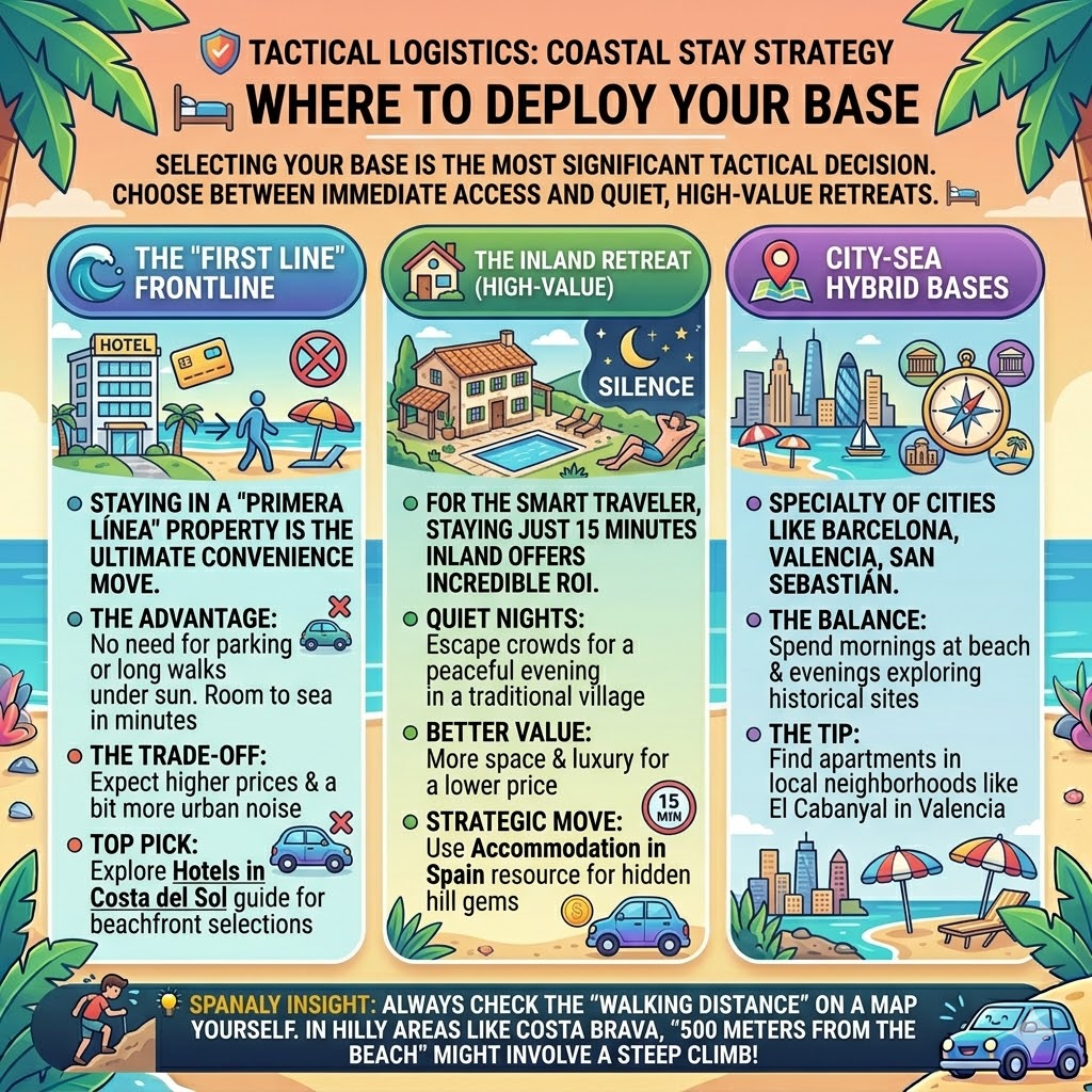 Coastal accommodation strategy infographic for Spain comparing beachfront hotels, inland rural retreats, and city-sea hybrid stays with walking distance tips.