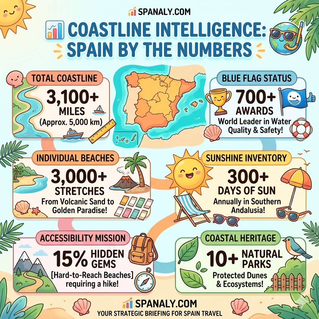 Infographic displaying Spain coastline intelligence by the numbers, including total miles, blue flags, sun days, and individual beach statistics.