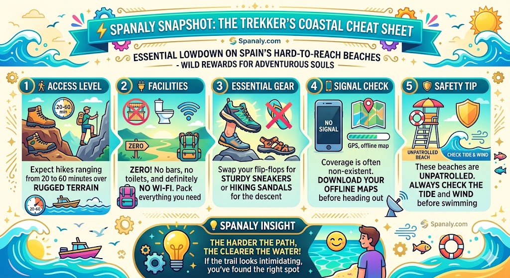 A colorful infographic summary for trekking to Spain's hard-to-reach beaches, featuring essential tips on rugged terrain hiking, lack of facilities, sturdy footwear requirements, offline map necessity, and water safety warnings.