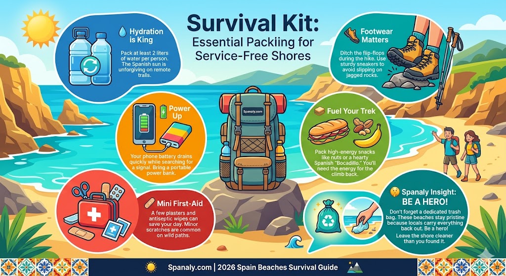A vibrant colorful infographic illustrating the survival kit for Spain's hidden beaches, featuring a backpack surrounded by tips for hydration, footwear, power bank, snacks, first-aid, and the Spanaly 'Be a Hero' trash bag advice.