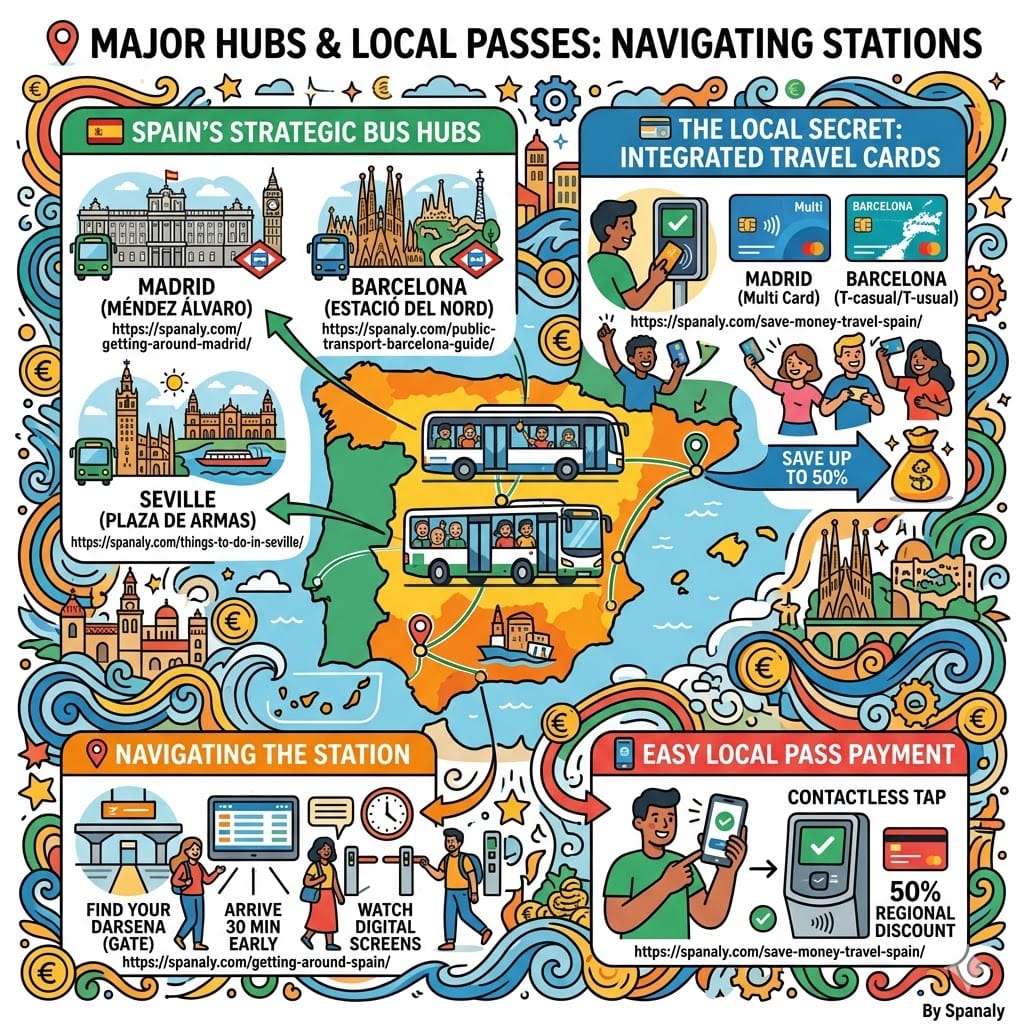 Guide to major bus stations in Spain and integrated travel cards. Infographic highlights Madrid Mendez Alvaro, Barcelona Estacio del Nord, and Seville Plaza de Armas. Includes tips for using Madrid Multi and Barcelona T-casual cards, finding the boarding gate (Darsena), and saving 50% with regional passes.