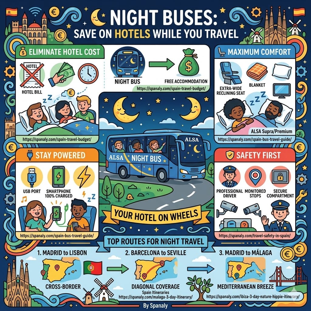 How to save money in Spain using night buses infographic. Features a central sleeper bus as 'Your Hotel on Wheels', and four panels showing advantages: eliminate hotel costs, maximum comfort with Supra/Premium reclining seats, free USB charging, and safety with professional drivers. Shows routes like Madrid to Lisbon, Barcelona to Seville, and Madrid to Malaga.