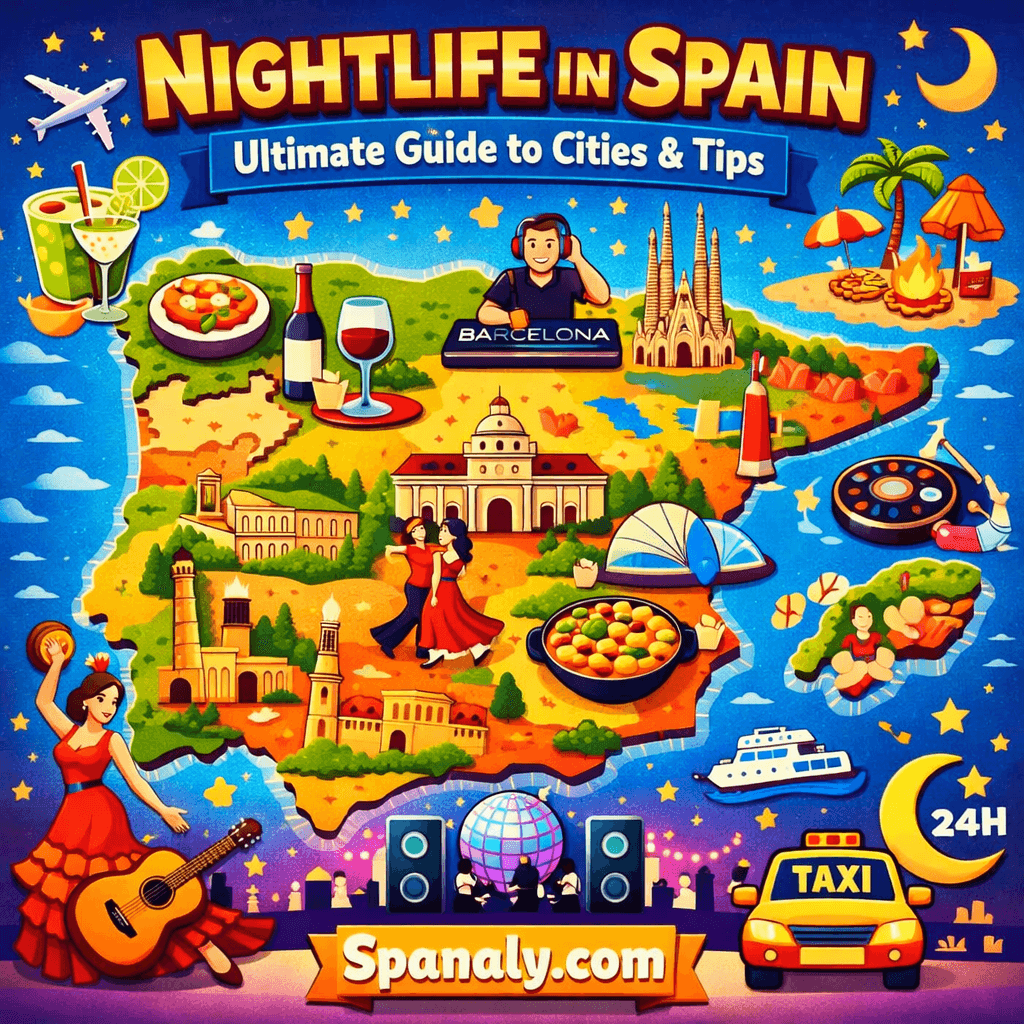 Colorful infographic map of Spain highlighting nightlife in major cities including Barcelona, Madrid, Ibiza, and Valencia with party icons, clubs, flamenco, and travel tips