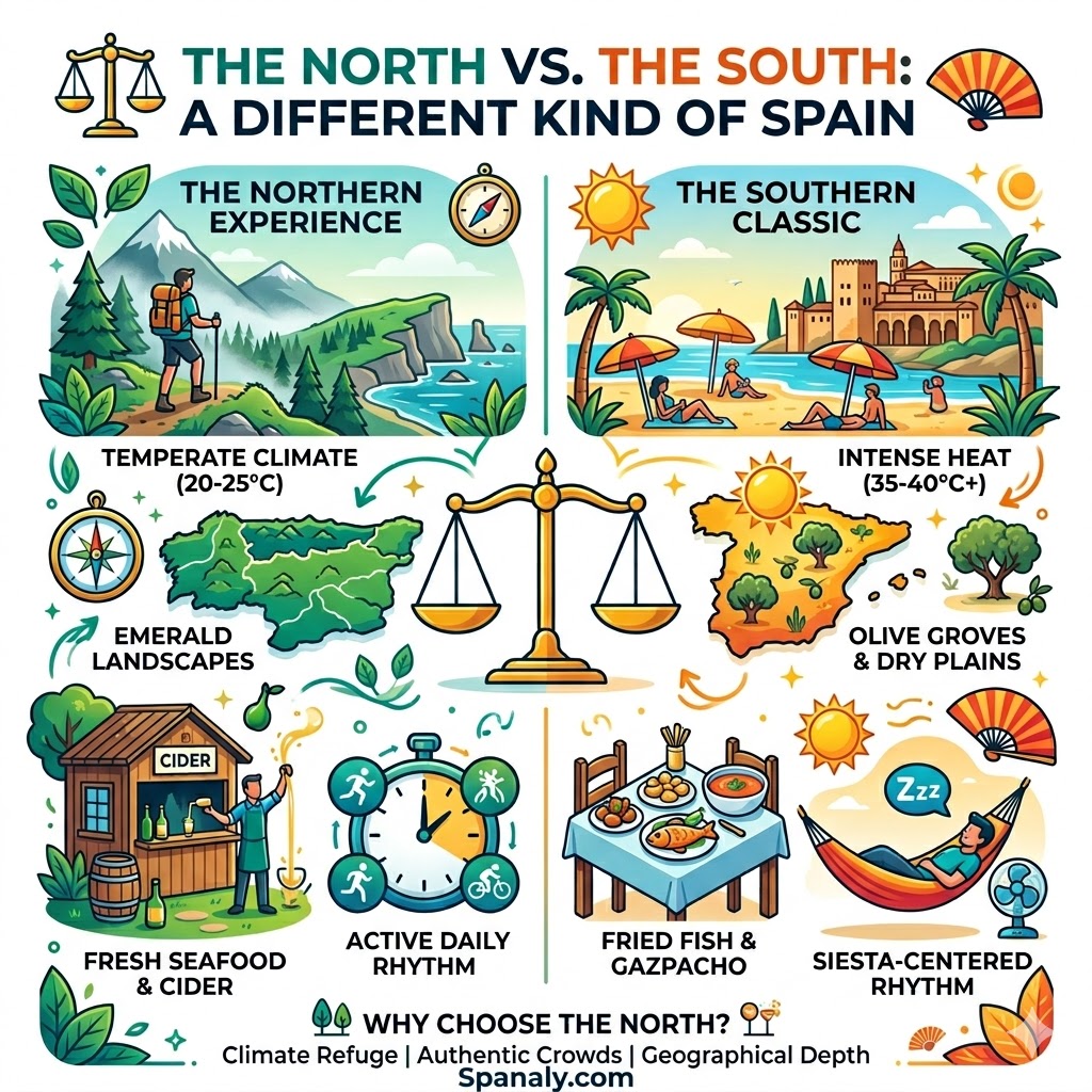 An infographic comparing travel experiences in Northern and Southern Spain