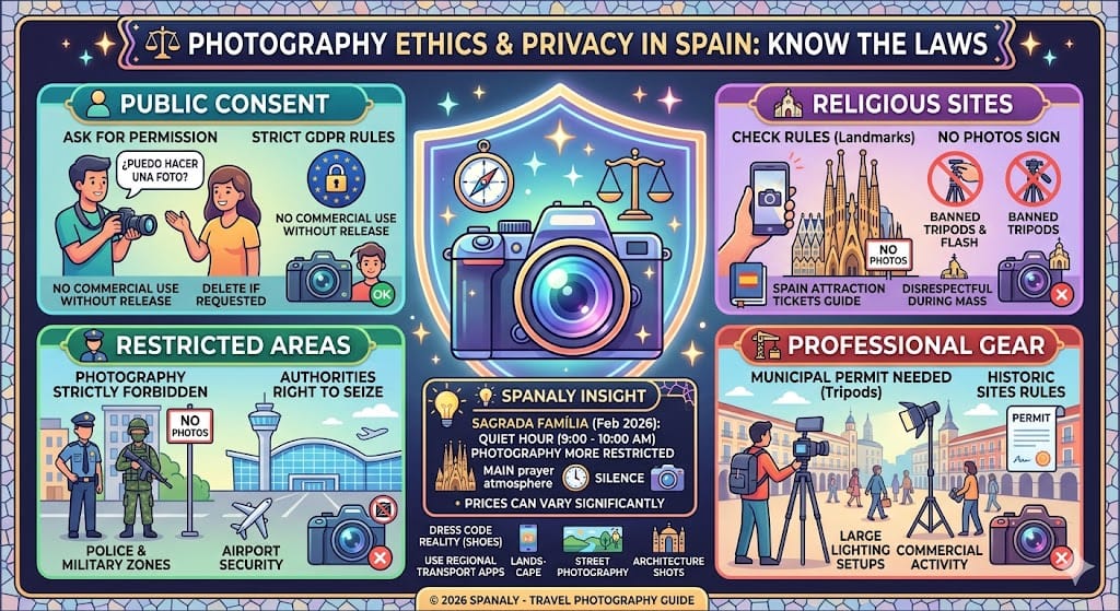 Colorful infographic visualizing photography ethics and privacy laws in Spain, including strict public consent, religious site rules, restricted areas (military, police), and permits for professional gear. It offers advice for respectful and legally compliant travel photography across various urban and historic locations.