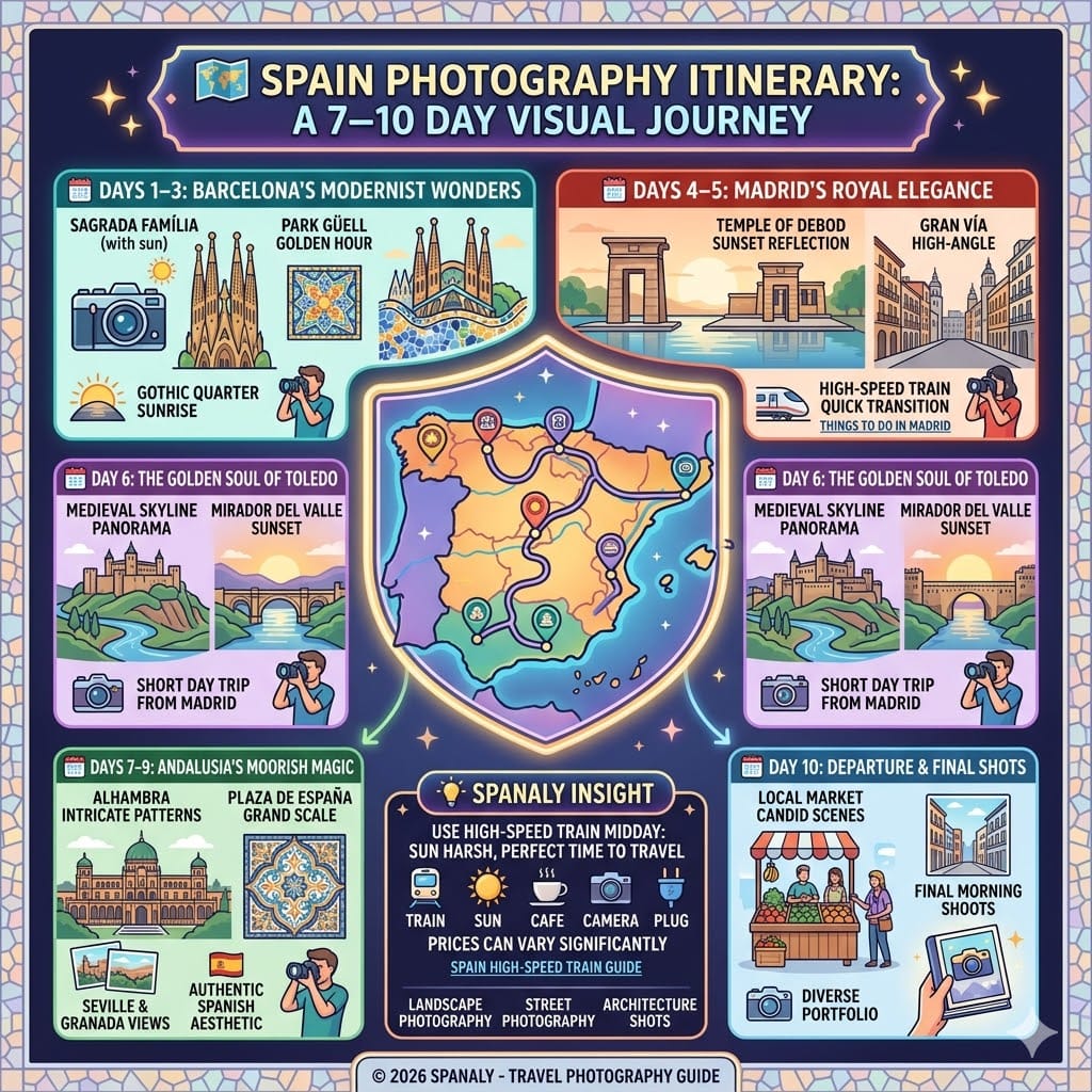 Colorful infographic visualizing a 7–10 day Spain photography itinerary, covering Barcelona, Madrid, Toledo, and Andalusia (Granada, Seville). It features illustrated panels with specific tips for capturing iconic landmarks, golden hour views, and landscapes. A central Spanaly Insight section suggests using high-speed trains for travel during harsh midday sun to synchronize locations with the best light.