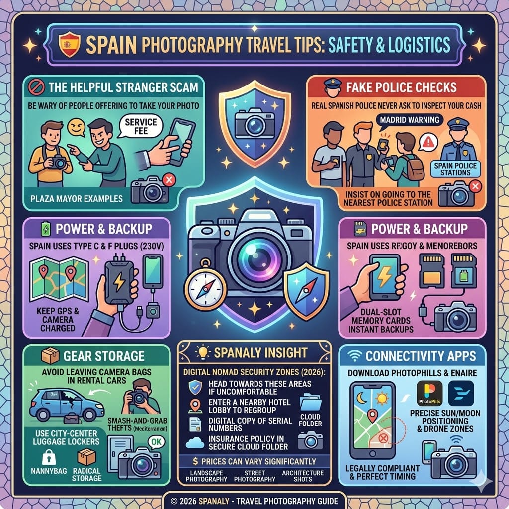 Colorful infographic summarizing Spain photography safety and logistics, including common scams, gear storage tips, and essential power equipment. It highlights 2026 Digital Nomad Security Zones and expert apps like PhotoPills and ENAIRE for capturing the best photography spots in Spain.
