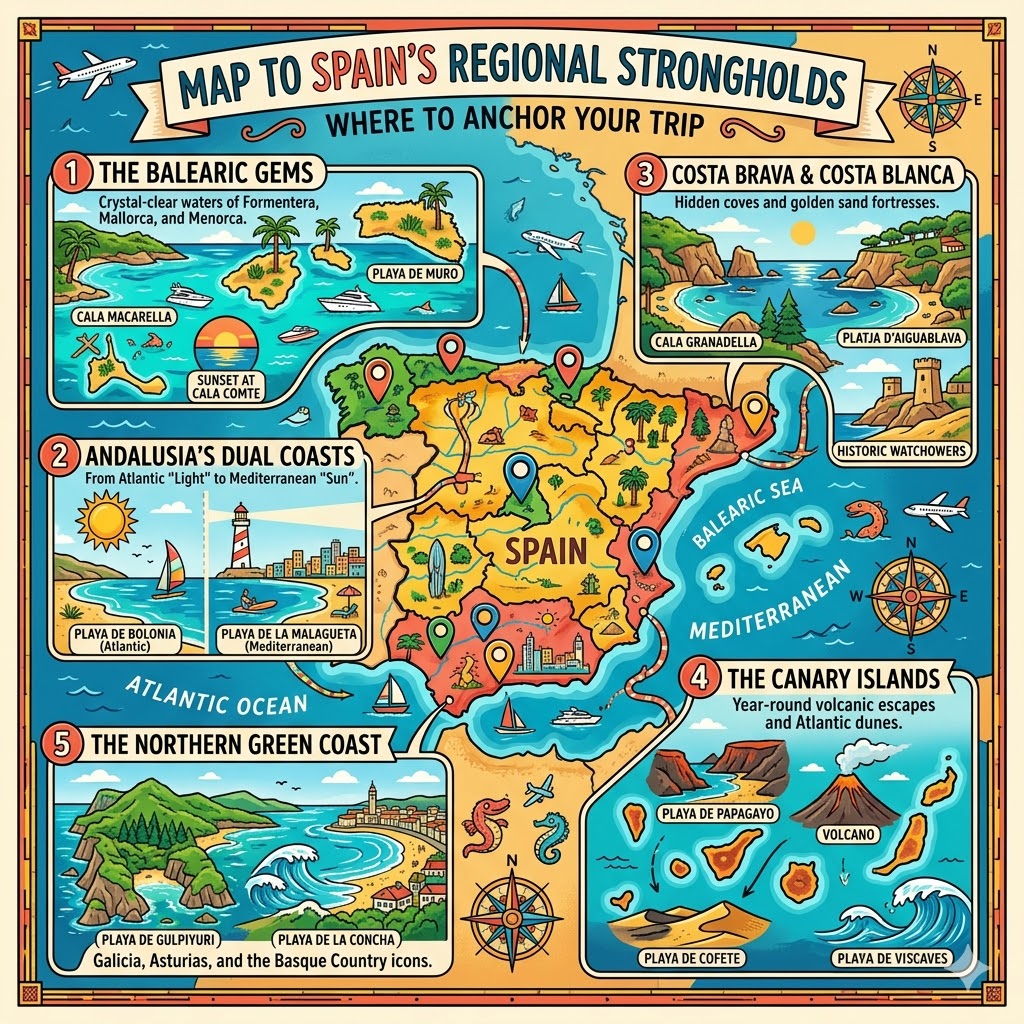 A detailed infographic map of Spain highlighting five key regional beach strongholds: Balearic Islands, Andalusia, Costa Brava/Blanca, Canary Islands, and the Northern Green Coast, with icons for top beaches like Cala Macarella and Playa de Bolonia.