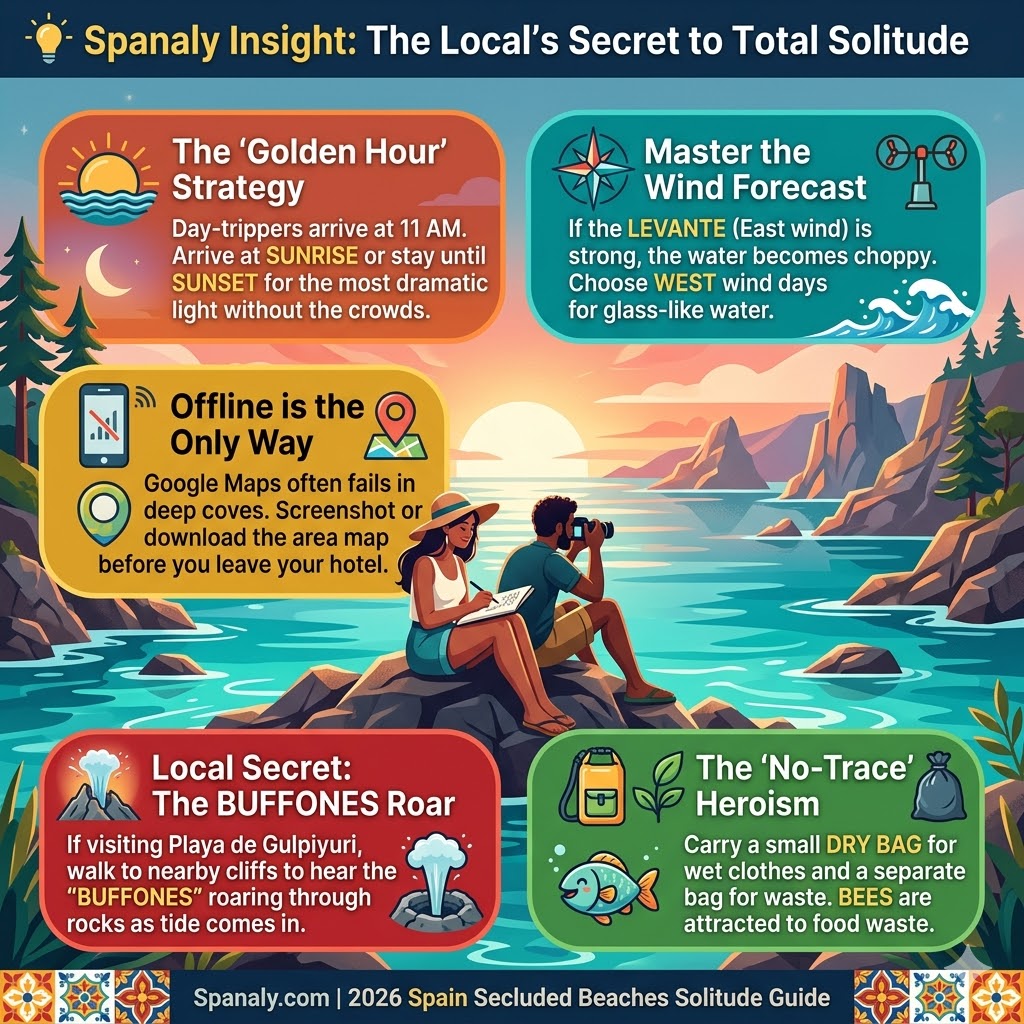 A vibrant, colorful square infographic guide illustrating 'The Local’s Secret to Total Solitude' for Spain's hard-to-reach hidden beaches. Four distinct illustrated panels surround a central couple enjoying a secluded sunrise beach: '🌅 The 'Golden Hour' Strategy', '🌬️ Master the Wind Forecast', '📱 Offline is the Only Way', and '🌿 The 'No-Trace' Heroism'.