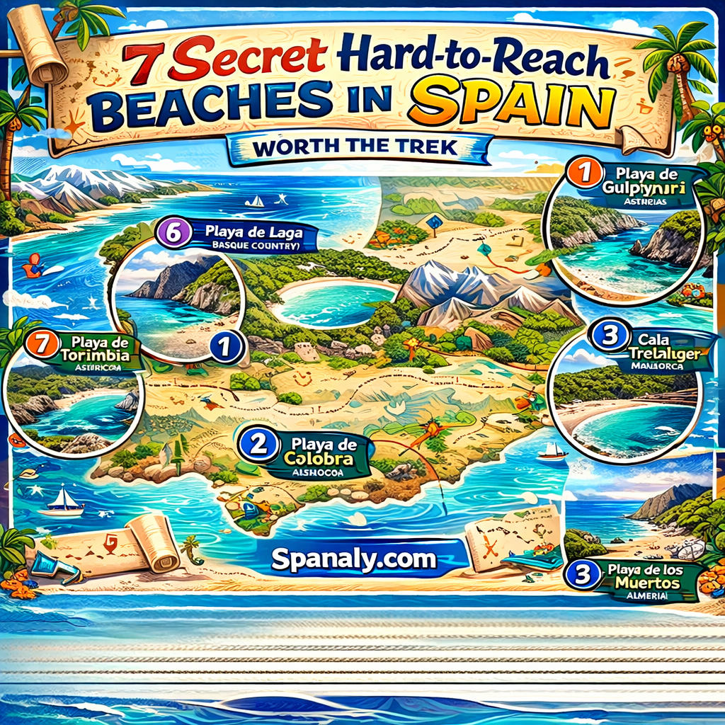 Colorful infographic map of Spain highlighting 7 secret hard-to-reach beaches including Playa de Gulpiyuri, Cala Sa Calobra, Playa de los Muertos, Cala Trebalúger, Playa de Laga, Cala Saladeta, and Playa de Torimbia