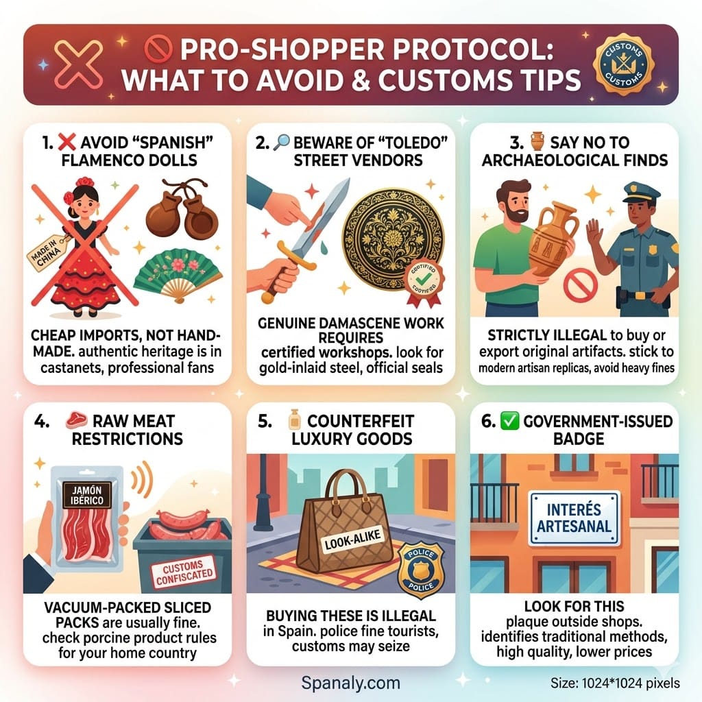 A square infographic guide illustrating Spain souvenir shopping tips, showing which items to avoid like cheap imports and fake Toledo steel, customs rules for cured meats, avoid archaeological artifacts, and look for "Interés Artesanal" official seals.