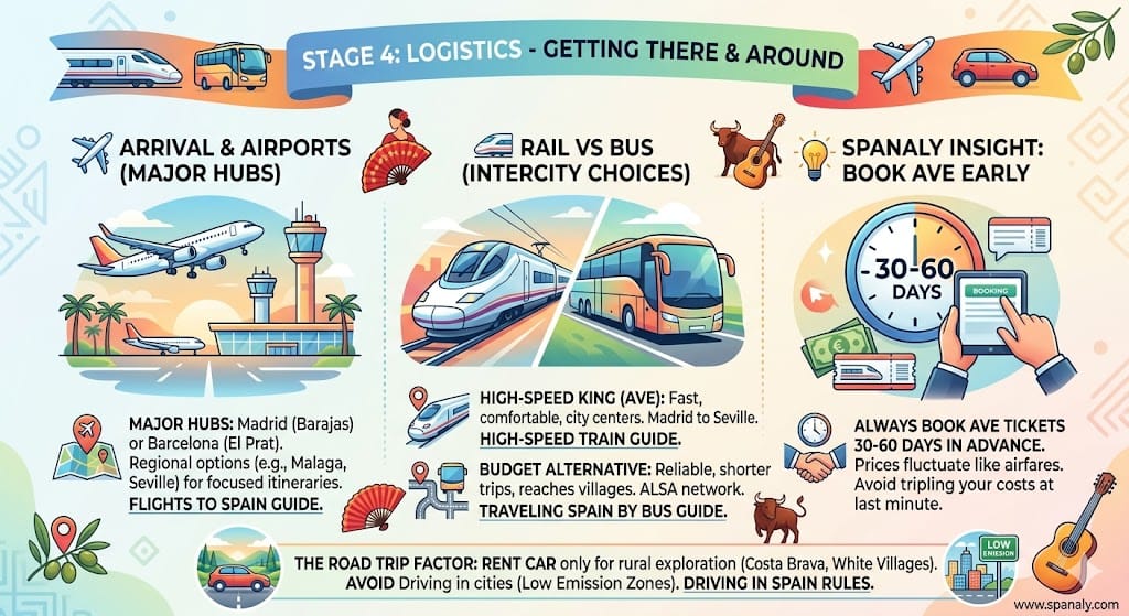 Strategic infographic for planning a trip to Spain, comparing high-speed AVE trains, regional buses, airport hubs, and essential driving rules for tourists.