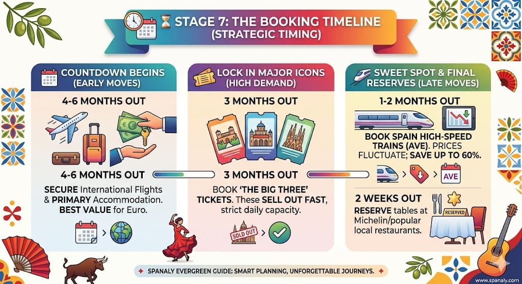 Infographic for planning a trip to Spain showing a strategic booking timeline for flights, high-speed AVE trains, and major attractions like the Alhambra and Sagrada Familia.