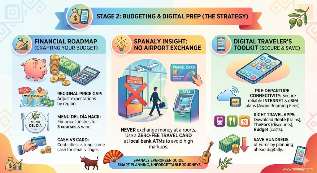 Infographic for planning a trip to Spain focused on budgeting hacks like the Menu del Dia, avoiding airport currency exchange, and using essential travel apps and eSIMs.