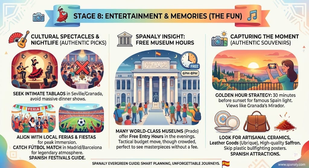 Infographic for planning a trip to Spain highlighting authentic entertainment like intimate Flamenco shows, local ferias, free museum hours at the Prado, and artisanal souvenir shopping.