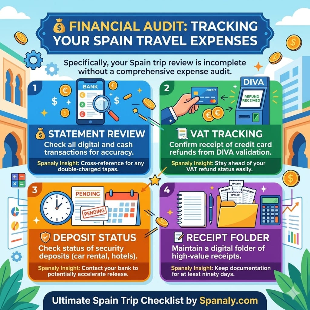 A colorful square infographic detailing four financial audit steps for a Spain trip: bank statement review, VAT refund tracking, security deposit status, and digital receipt organization with Spanaly branding.