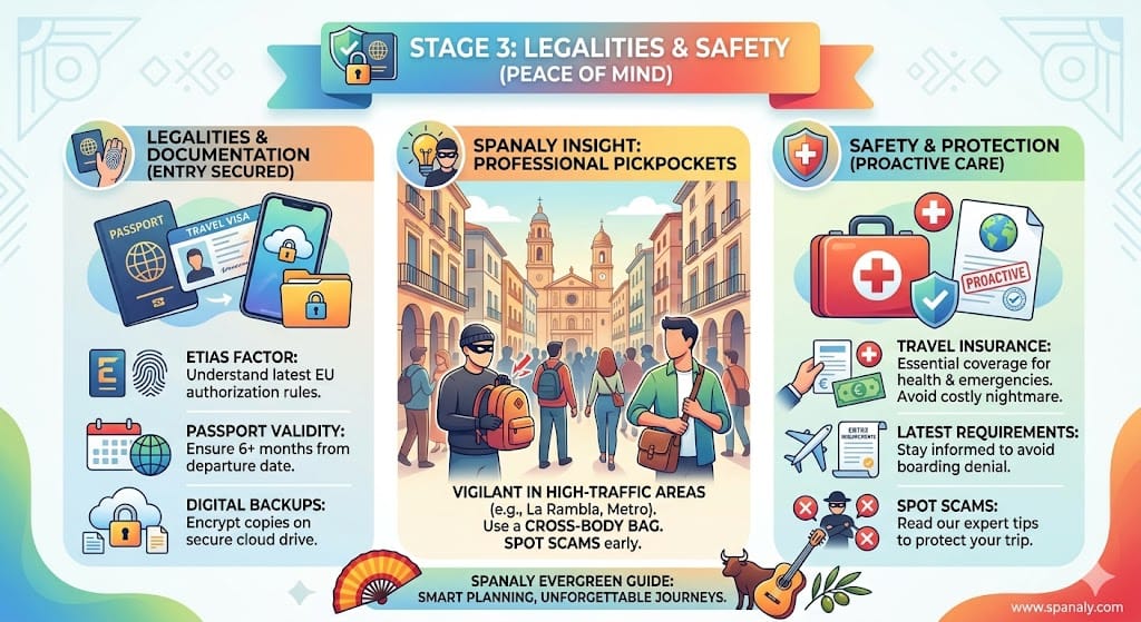 Comprehensive infographic for planning a trip to Spain, covering ETIAS requirements, passport validity, travel insurance, and expert tips to avoid pickpockets and scams.
