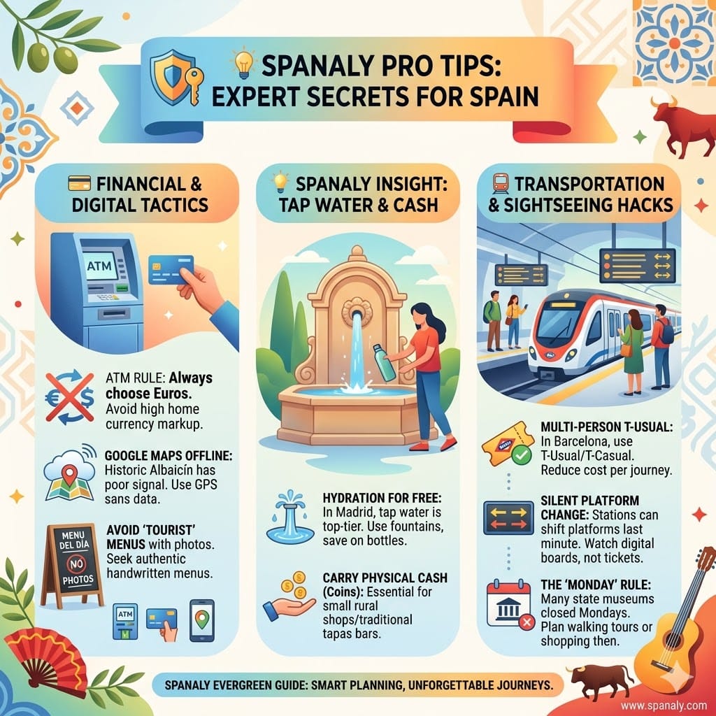 Infographic for planning a trip to Spain featuring expert pro tips on avoiding ATM currency conversion fees, using offline maps, finding authentic Menu del Dia, and mastering Spanish public transport.