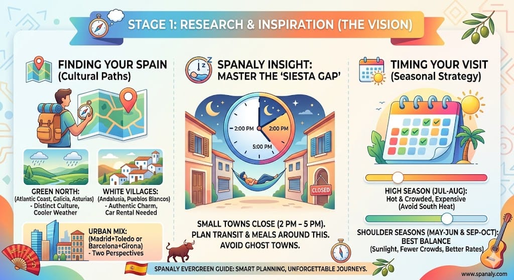 Strategic infographic for planning a trip to Spain, highlighting cultural paths like the Green North and White Villages, the Siesta Gap timing, and seasonal travel advice.