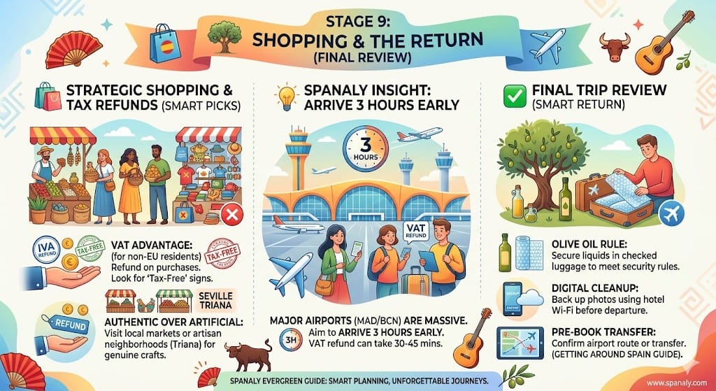 Infographic for planning a trip to Spain covering strategic shopping, VAT tax refunds for tourists, airport arrival timing, and secure packing for souvenirs like olive oil.