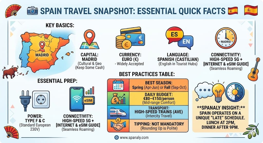 Infographic showing essential quick facts to plan your trip to Spain, including currency, language, best travel seasons, and daily budget tips.