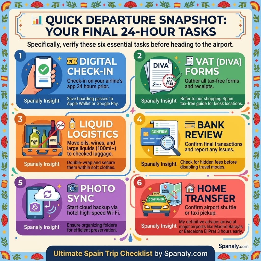 A vibrant square infographic outlining six final tasks before departing Spain, including digital check-in, VAT DIVA form validation, liquid packing rules, and bank review, featuring the Spanaly.com signature and no Arabic text.