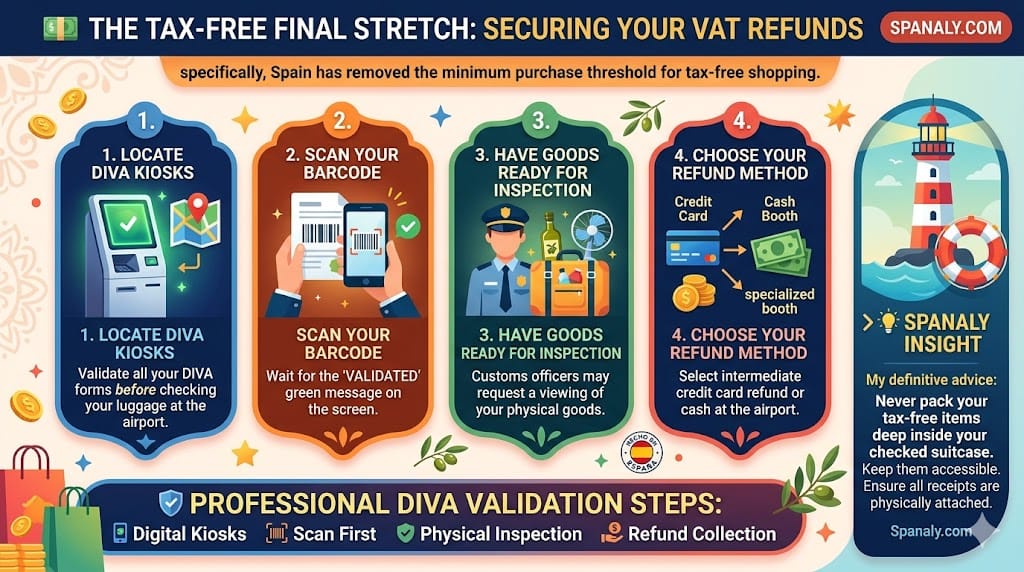A colorful square infographic detailing four professional steps for VAT refund validation in Spain, featuring DIVA kiosks, barcode scanning, customs inspection, and refund collection methods with Spanaly.com branding.