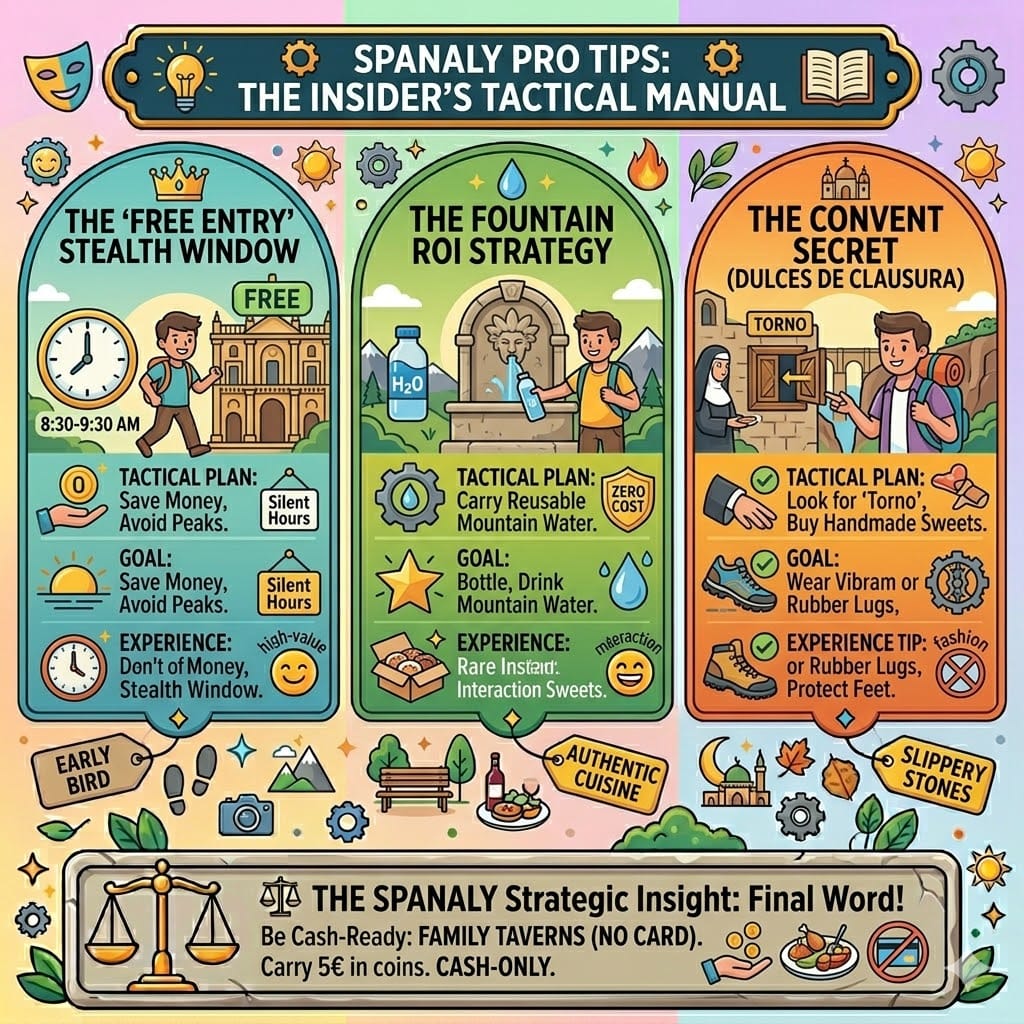 Tactical infographic showing insider Spain travel tips including free museum entry windows, mountain water fountains in Granada, and convent sweets in Seville.