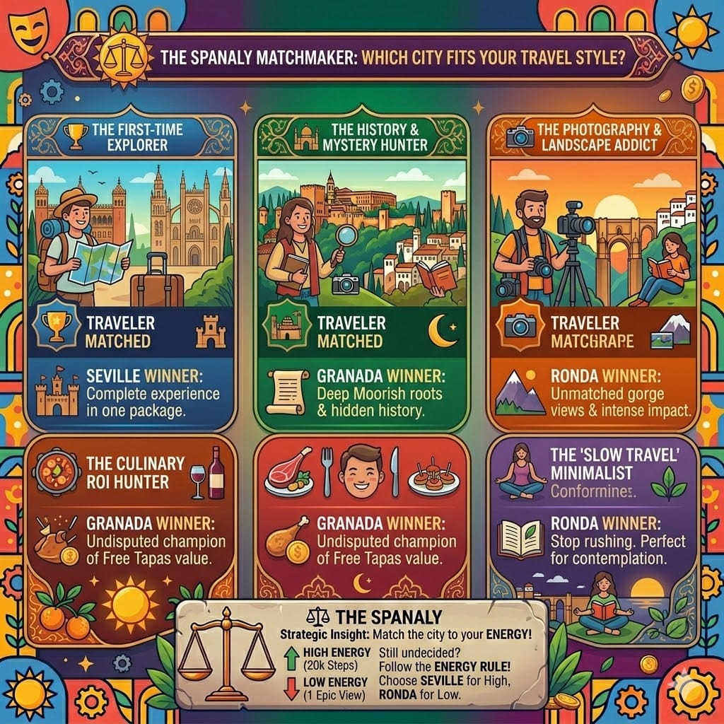 Tactical infographic matching travel styles to Seville for first-timers, Granada for history and food ROI, and Ronda for photography and slow travel.