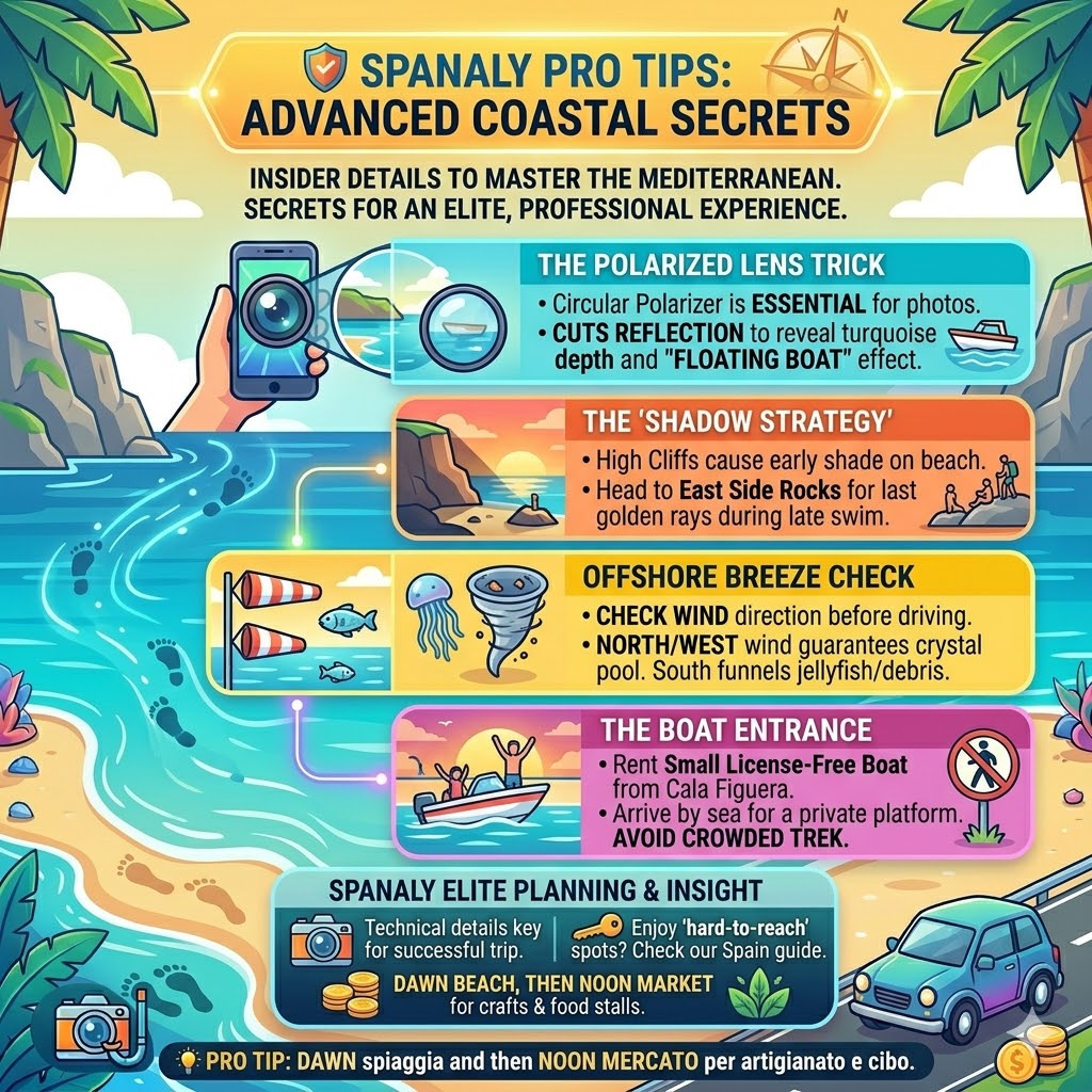 Advanced travel tips for Caló des Moro featuring polarized lens photography tricks, the shadow strategy for late swims, wind direction checks for clear water, and boat rental options from Cala Figuera.