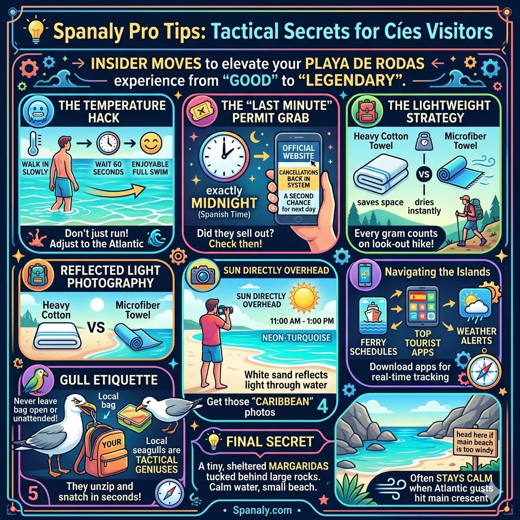 A tactical pro-tips infographic for visiting Playa de Rodas, featuring advice on the Atlantic temperature hack, midnight permit cancellations, lightweight packing with microfiber towels, peak turquoise photography timing, and seagull safety etiquette.