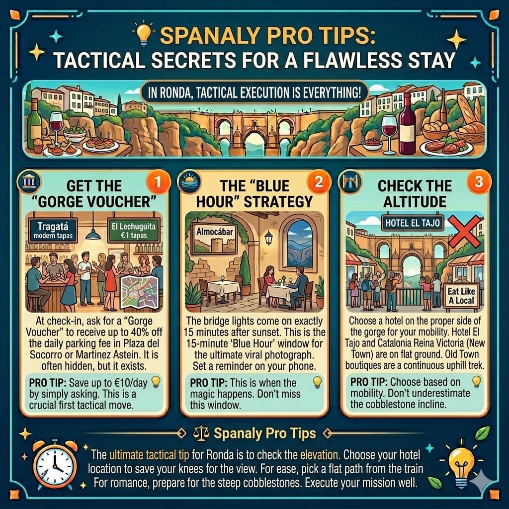 Infographic featuring Spanaly Pro Tips for Ronda including the Gorge Voucher for parking discounts, the Blue Hour photography strategy, and elevation advice for hotel choosing.