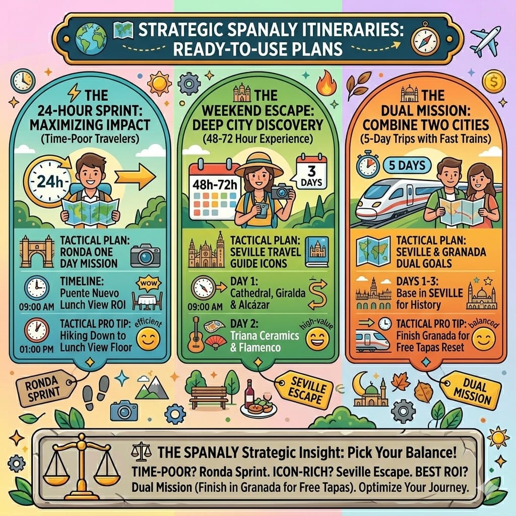 Tactical itinerary infographic for Andalusia featuring a 24-hour Ronda sprint, a 3-day Seville weekend escape, and a 5-day dual mission combining Seville and Granada via high-speed train.