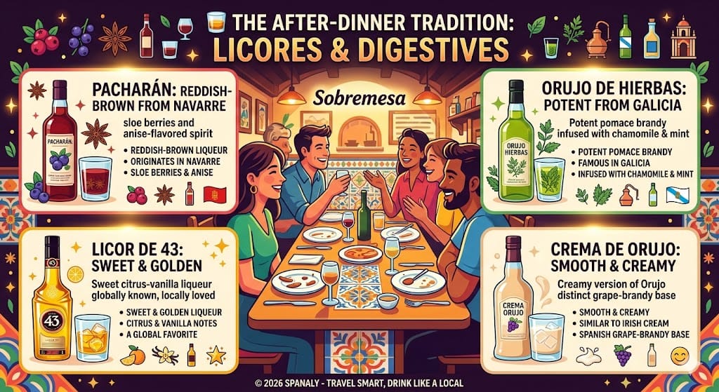 A colorful infographic about Spanish digestive liqueurs and the Sobremesa tradition, featuring Pacharán from Navarre, Orujo de Hierbas from Galicia, Licor 43, and Crema de Orujo with serving tips.