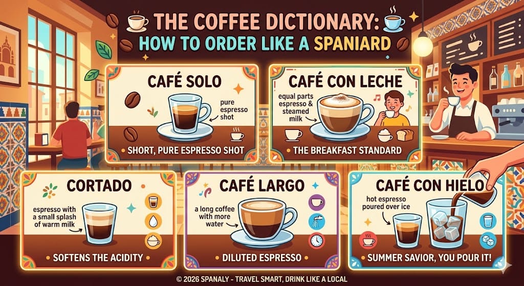 A colorful infographic titled The Coffee Dictionary explaining how to order coffee like a Spaniard, featuring Café Solo, Café con Leche, Cortado, Café Largo, and the summer favorite Café con Hielo.