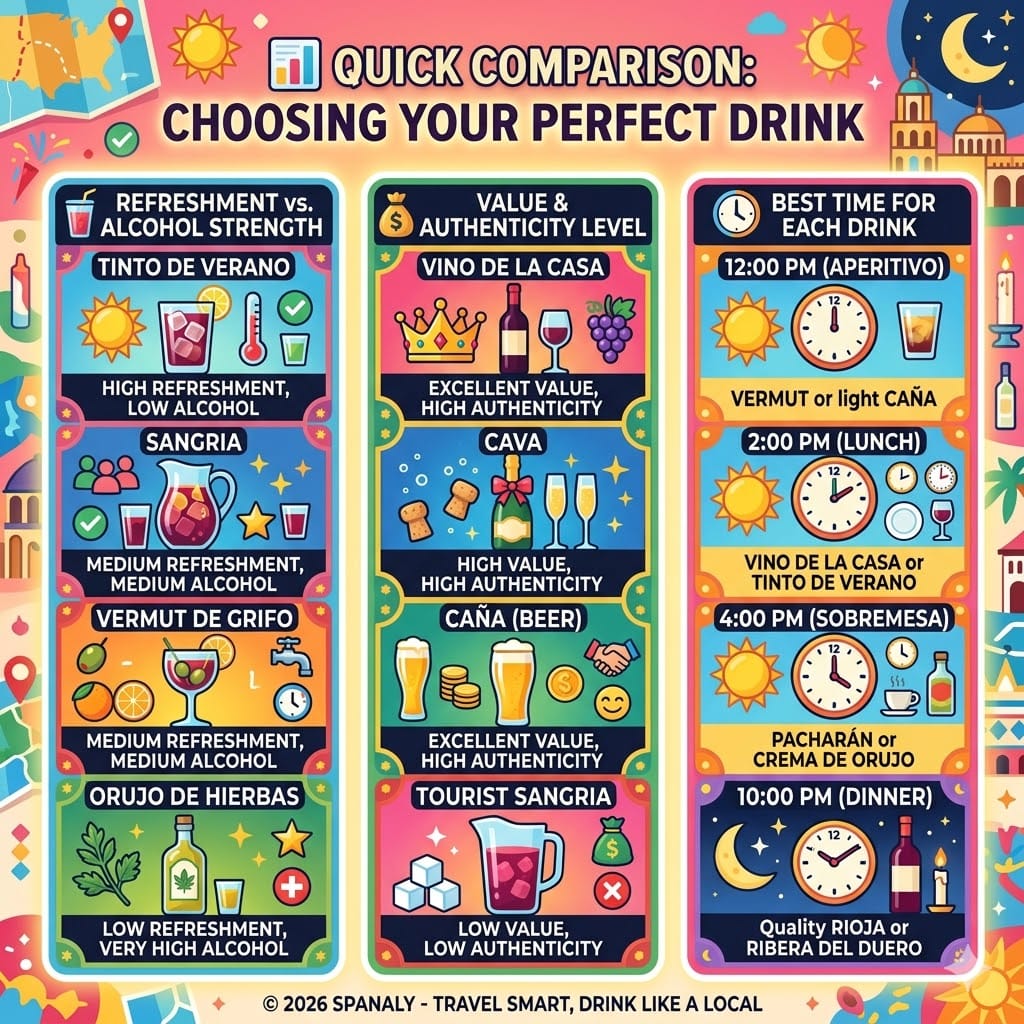A colorful square (1024x1024) infographic by Spanaly titled Quick Comparison: Choosing Your Perfect Drink, presenting three columns comparing drinks based on refreshment vs. alcohol strength, value and authenticity level, and the best time for each beverage, from 12:00 PM to 10:00 PM.