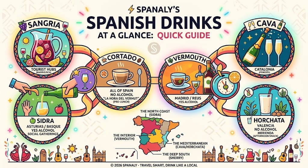 A colorful infographic summarizing the best Spanish drinks including Sangria, Cava, Sidra, Vermouth, and Horchata with regional origins and serving tips.