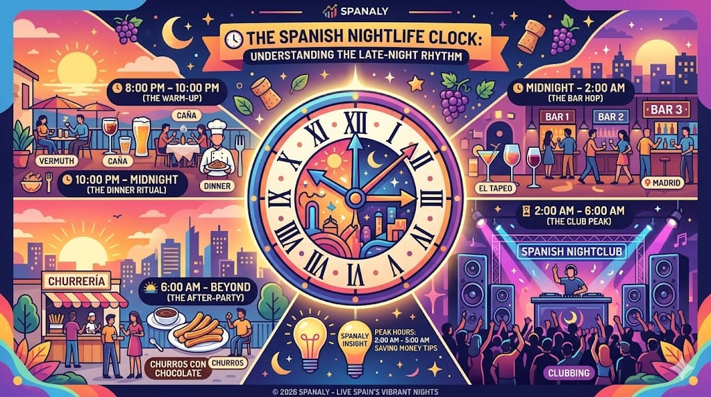 A colorful infographic titled The Spanish Nightlife Clock showing the typical schedule from 8:00 PM warm-up with Vermouth to 6:00 AM Churros after-party, including peak clubbing hours and tapas rituals.