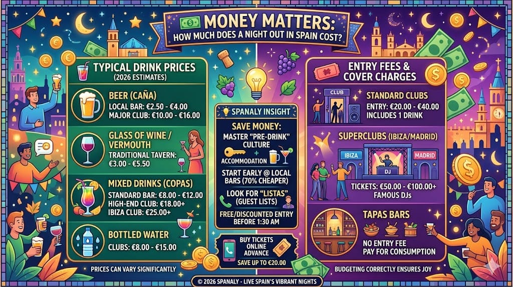 Infographic showing 2026 Spanish nightlife costs, including prices for drinks, entry fees for clubs in Madrid and Ibiza, and money-saving tips.