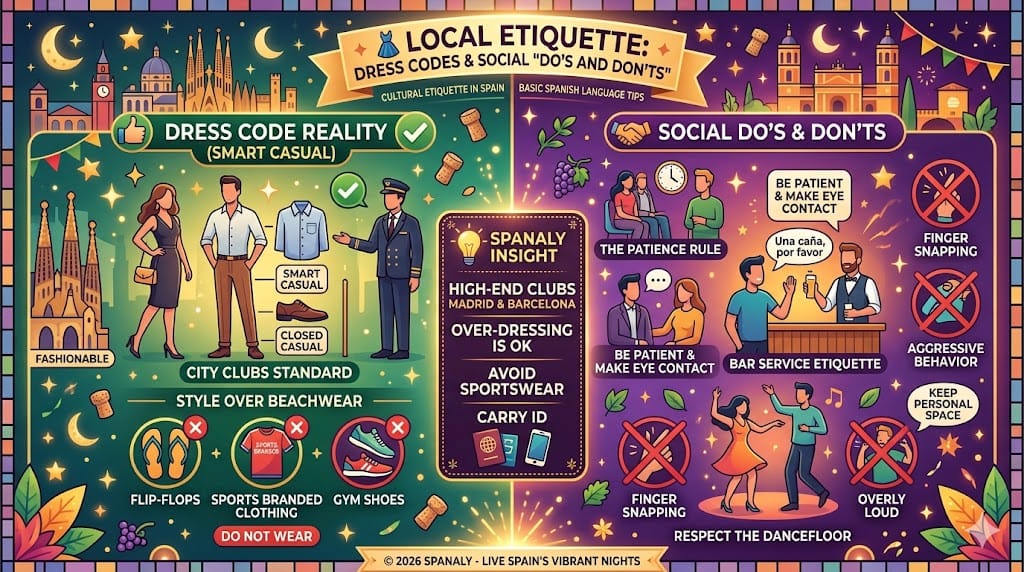 Infographic guide to Spanish nightlife dress codes and social etiquette, highlighting smart-casual rules and local bar manners.
