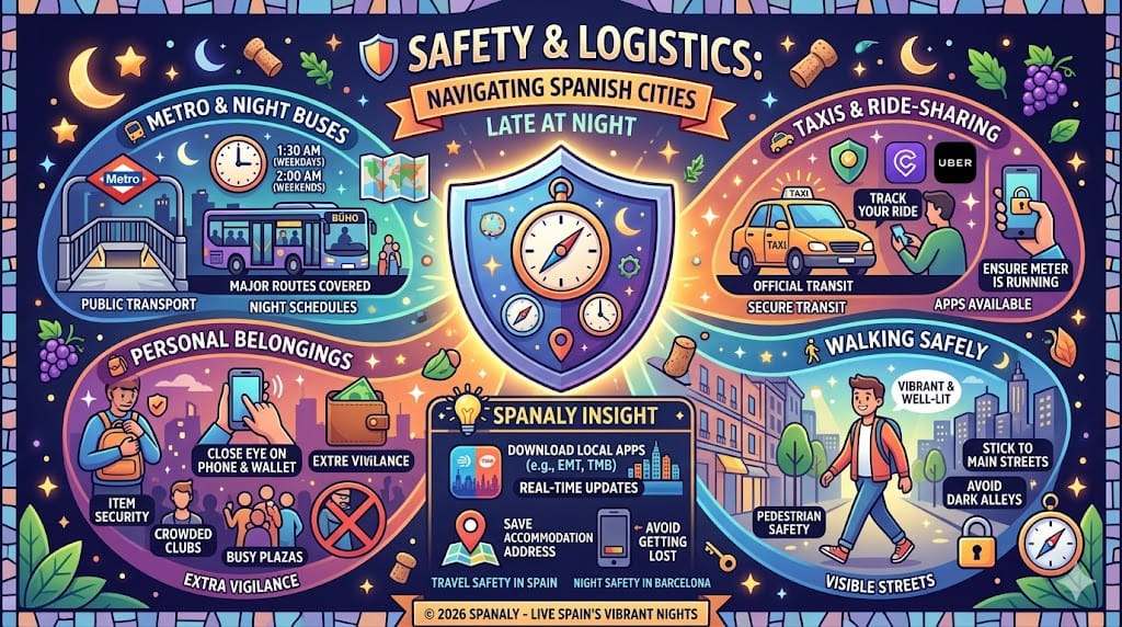 Infographic guide to late-night safety and logistics in Spanish cities, highlighting public transport schedules, secure taxi apps, safe walking tips, and belonging security.