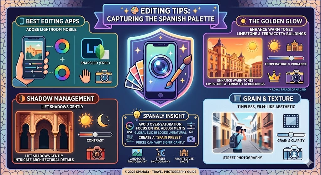 Colorful infographic visualizing editing tips to capture the Spanish palette, including Adobe Lightroom Mobile, Snapseed, and HSL adjustments. It offers advice on enhancing warm golden glows, deep Mediterranean blues, gentle shadow management, and adding timeless grain and texture to urban views, architecture, and landscapes.