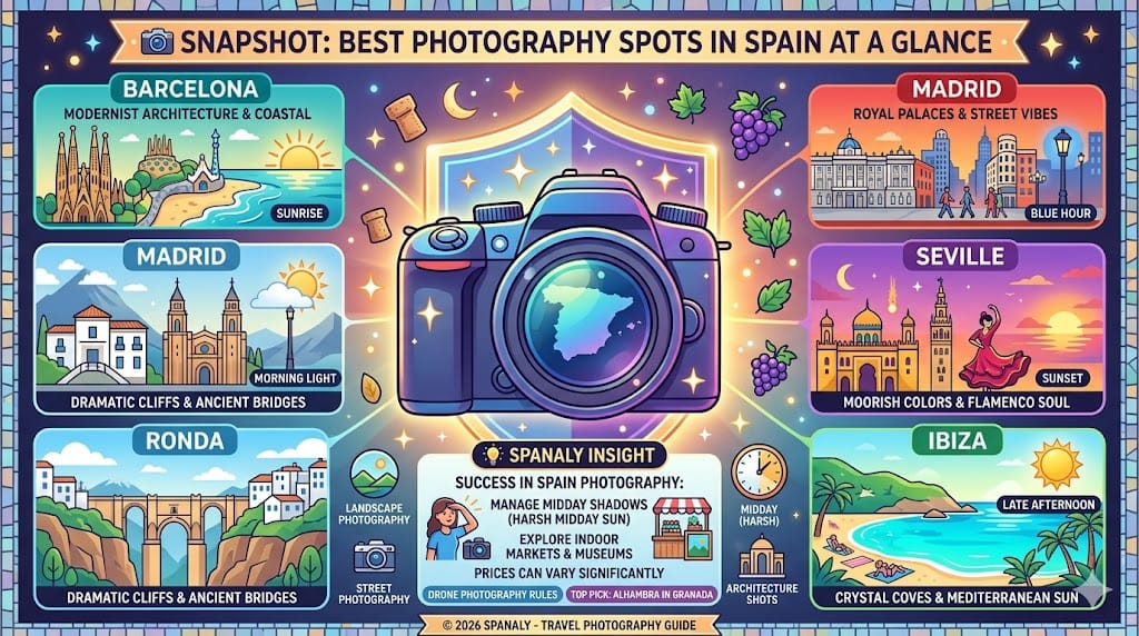 Colorful infographic providing a snapshot guide to Spain's best photography spots, featuring icons for Barcelona, Madrid, Seville, Ibiza, Ronda, and Granada, with styles like landscape and street photography, and timing recommendations like sunrise, blue hour, and sunset. A Spanaly Insight box provides midday sun management tips.