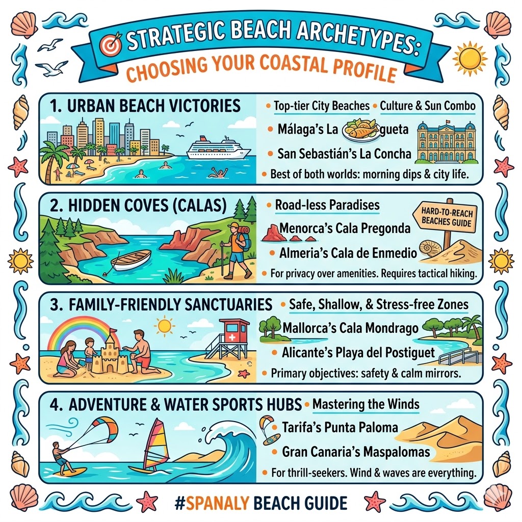 An infographic detailing four strategic Spanish beach archetypes: Urban Beach Victories, Hidden Coves, Family-Friendly Sanctuaries, and Adventure Sports Hubs with specific beach examples.